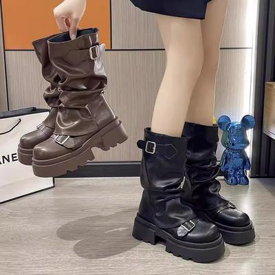 Pleated Retro Round-headed Muffin Medium Boots Women's Autumn and Winter Belt Buckle Stacked Boots Thick-soled Thick-heeled Martin Boots