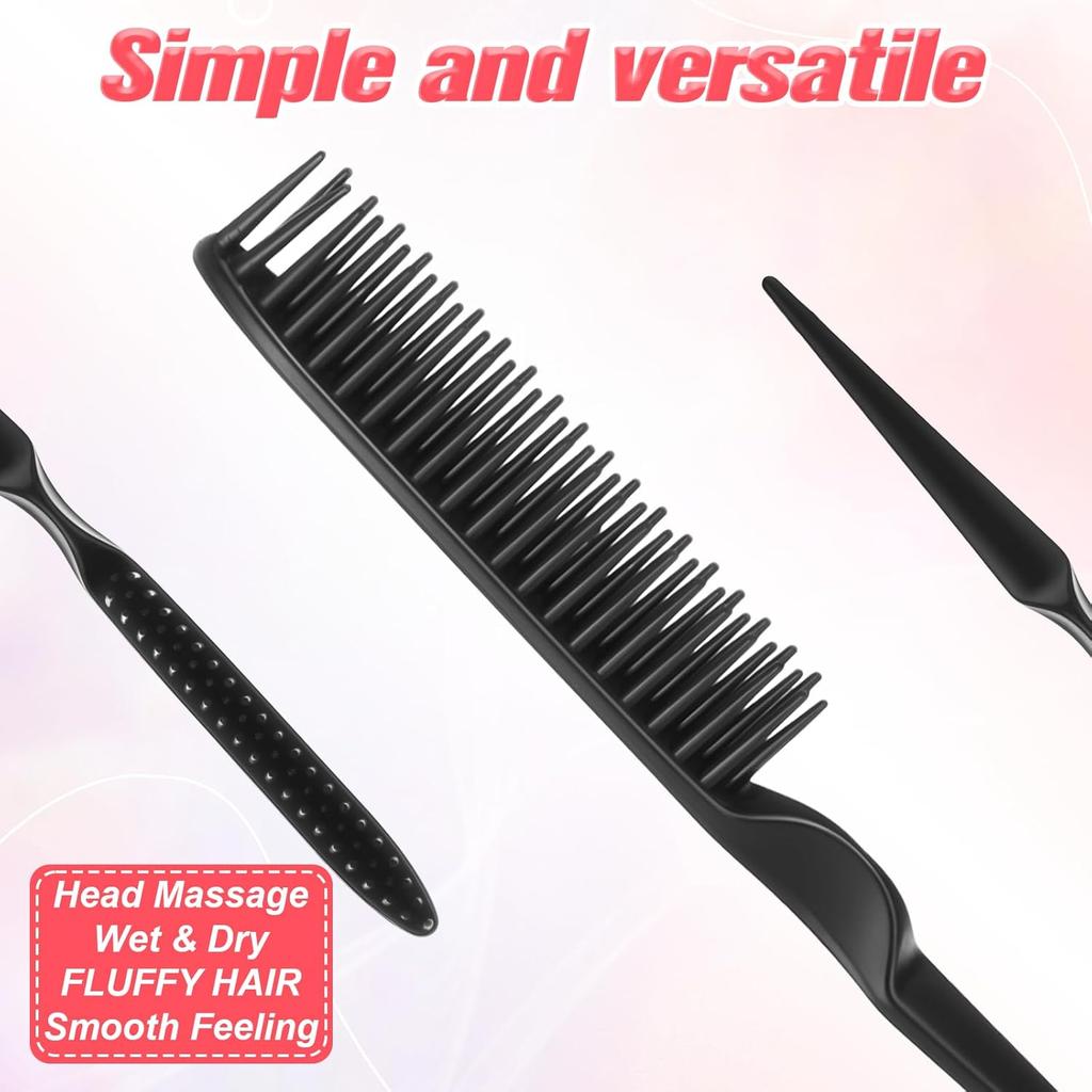 2 Pcs 3 Row Styling Comb, Curling Hair Styling Brush Rat Tail Comb Used for Combing, Separating and Shaping Curls (Black)