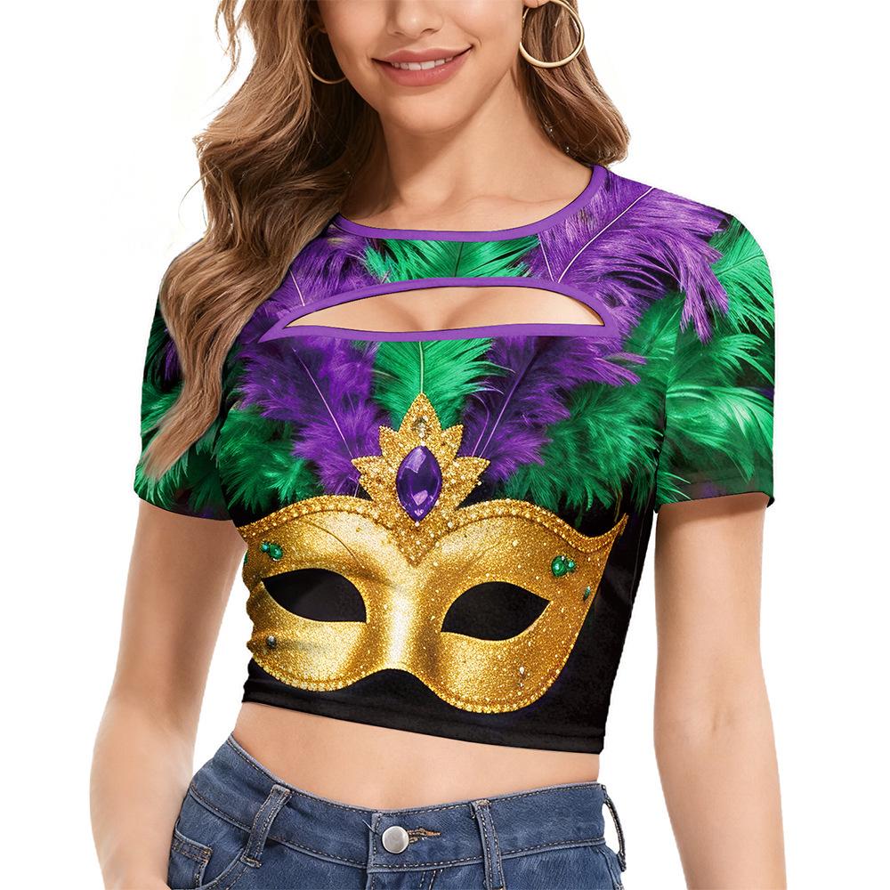 

Spring 2026 Women s Digital Print Carnival Mask Ball T-shirt Small