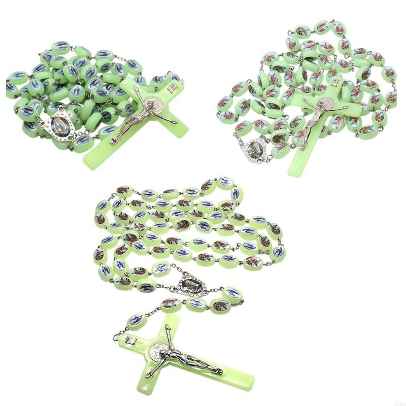 62KD Catholic Angel Virgin Mary Luminous Rosary Religious Beads Wall Hanging Rosary for Cross Pendant Necklace Glow In The Da