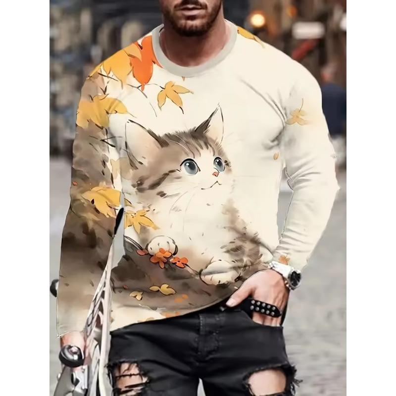 Spring and Autumn 3d Printed Cute Cat Long Sleeve T Shirt for Men Casual Clothing Animal Pattern Top Tees Tshirt Kids Streetwear