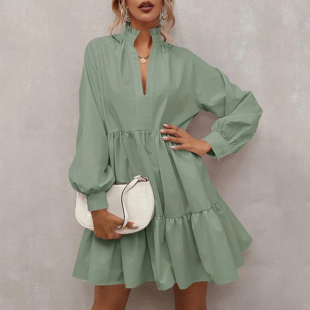 ქალის ყოველდღიური, მოდური, ერთფეროვანი, V-ყელიანი, გრძელმკლავიანი, ფრიალა ნაკერით, დიდი, A-ხაზის კაბა