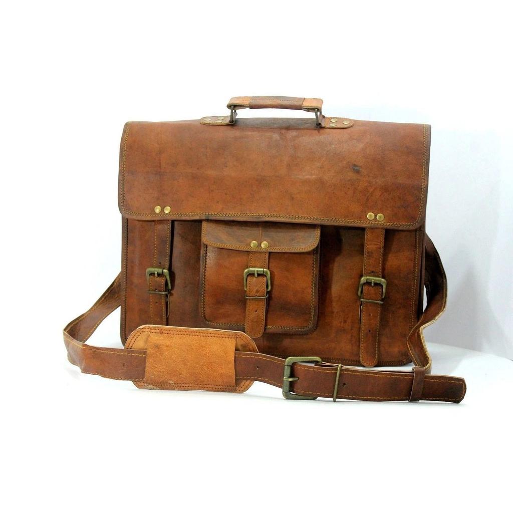 Men's Natural Vintage Brown Leather Messenger Shoulder All Laptop Briefcase Bag