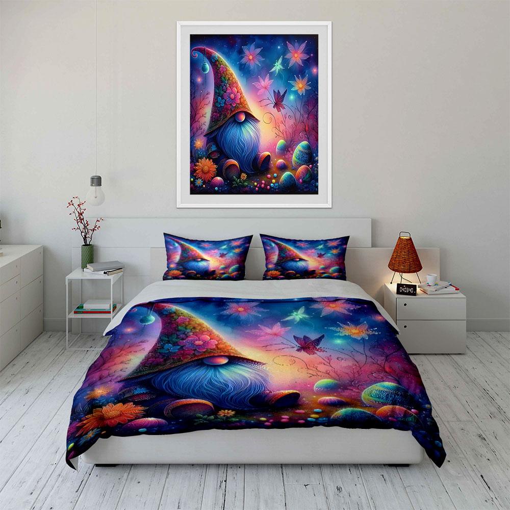 Colorful Gnome and Floral Set Bedding Duvet Cover Set Duvet Cover Pillowcases (1 * Duvet Cover 2 * Pillowcases, without duvet insert)