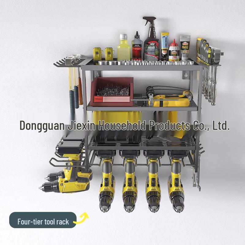 Wall-Mounted Multi-Layer Power Tool Storage Rack for Drills and Hammers