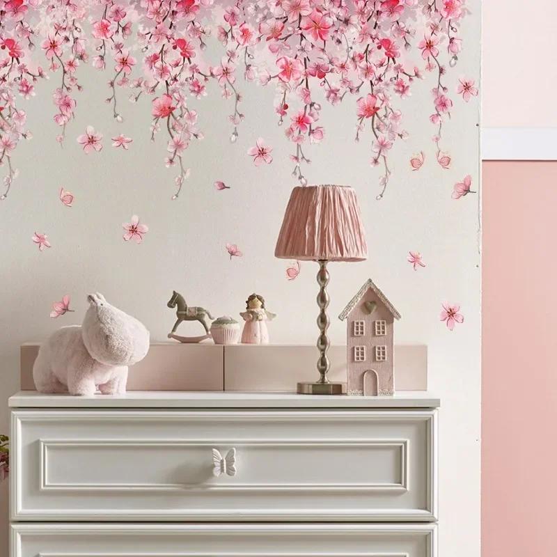 30*90cm Pink Flower Wall Stickers for Living Room Bedroom Background Wall Decor Room Daughter Room Wall Decal Kitchen Wallpaper