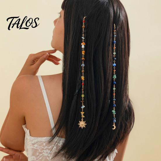 Beach Vacation Hair Styling 2Pcs Bohemian Long Tassel Braided Chain with Clips, Colorful Holiday Decorations Sun Moon Pendant, Jewelry Accessories for
