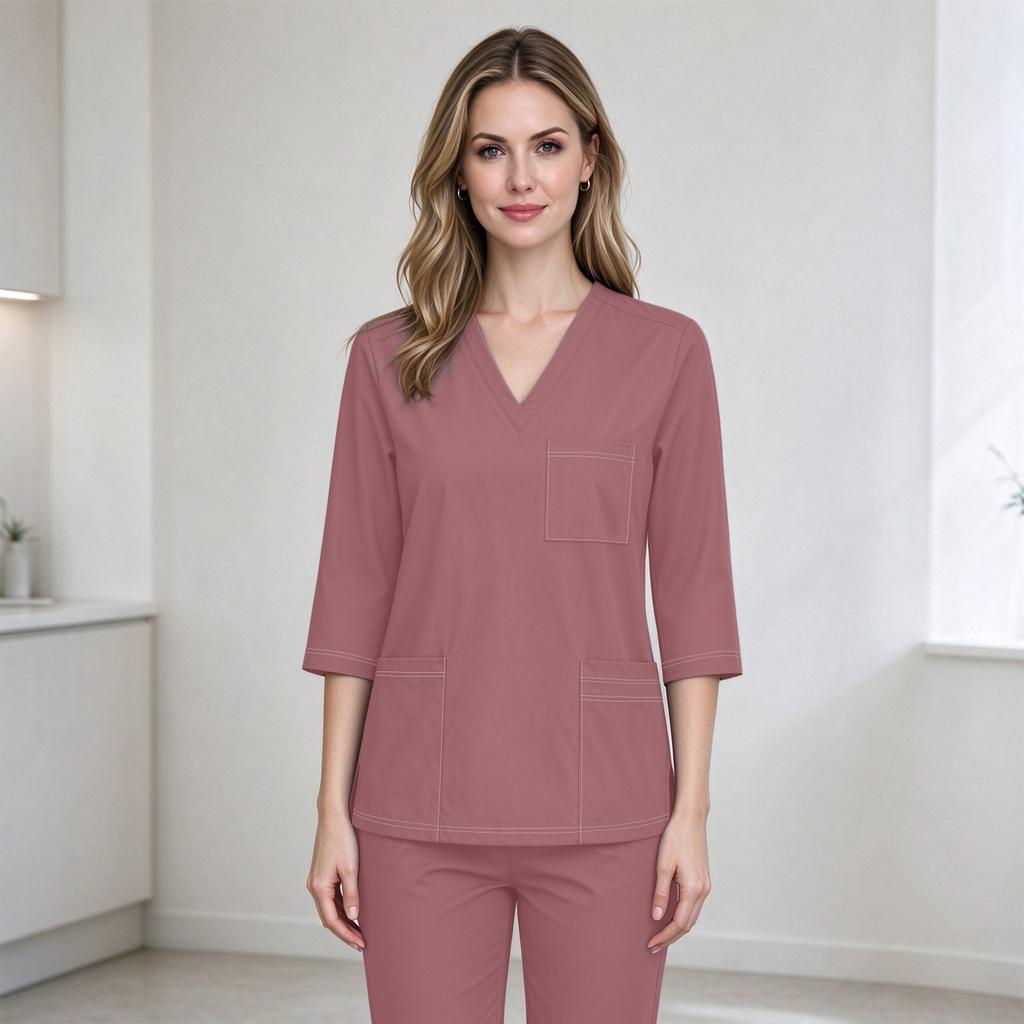 Top da lavoro da donna con scollo a V, tasche, spacchi laterali, manica corta, uniforme