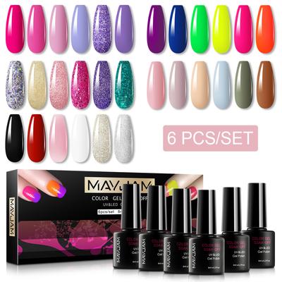 MAYJAM 6Pcs Classic Series Gel Nail Polish Set Classic Queen Neon Color Orange Green Nude Pastel Pink Purple Glitter Nail Art Gel Kit Gift Set