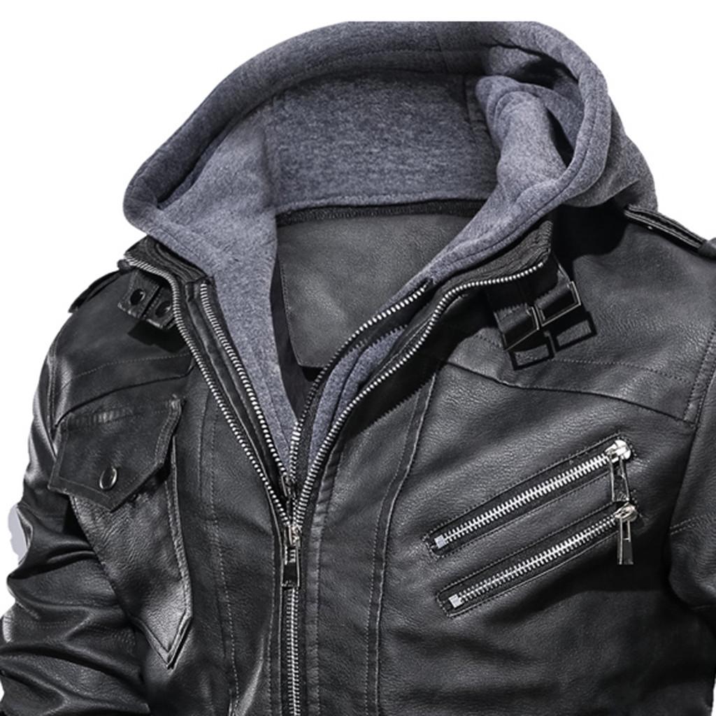 Men's  Winter Vintage Zipper Hoodie  Color Imitation Leather Coat