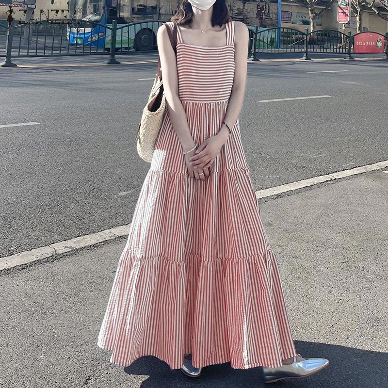 ZANZEA Womens Square Collar Summer Casual Sleeveless Long Dress