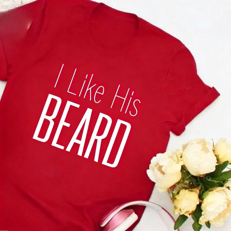 Ihr Hintern Ich mag seinen Bart Lustiger Einfacher Buchstabendruck T-Shirt Oberteile Valentinstagsgeschenk für Paare Niedlich Passend Normal Kurzarm