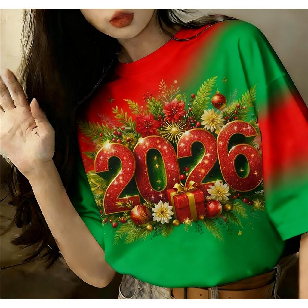 

Women s Christmas T-shirt, round neck, short sleeves, Christmas-themed 3D print, loose and stylish. 5XL