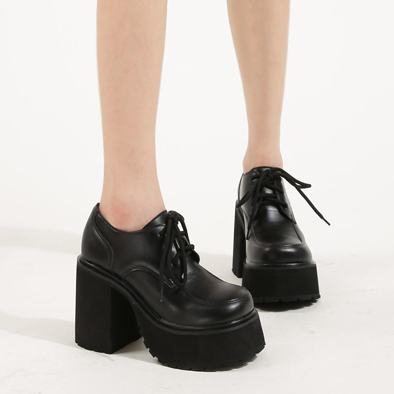 Fashion 10cm Thick Heel Waterproof Platform High Heels Female Spring /autumn Large Size Lace-up Single Shoes Men and Women The Same