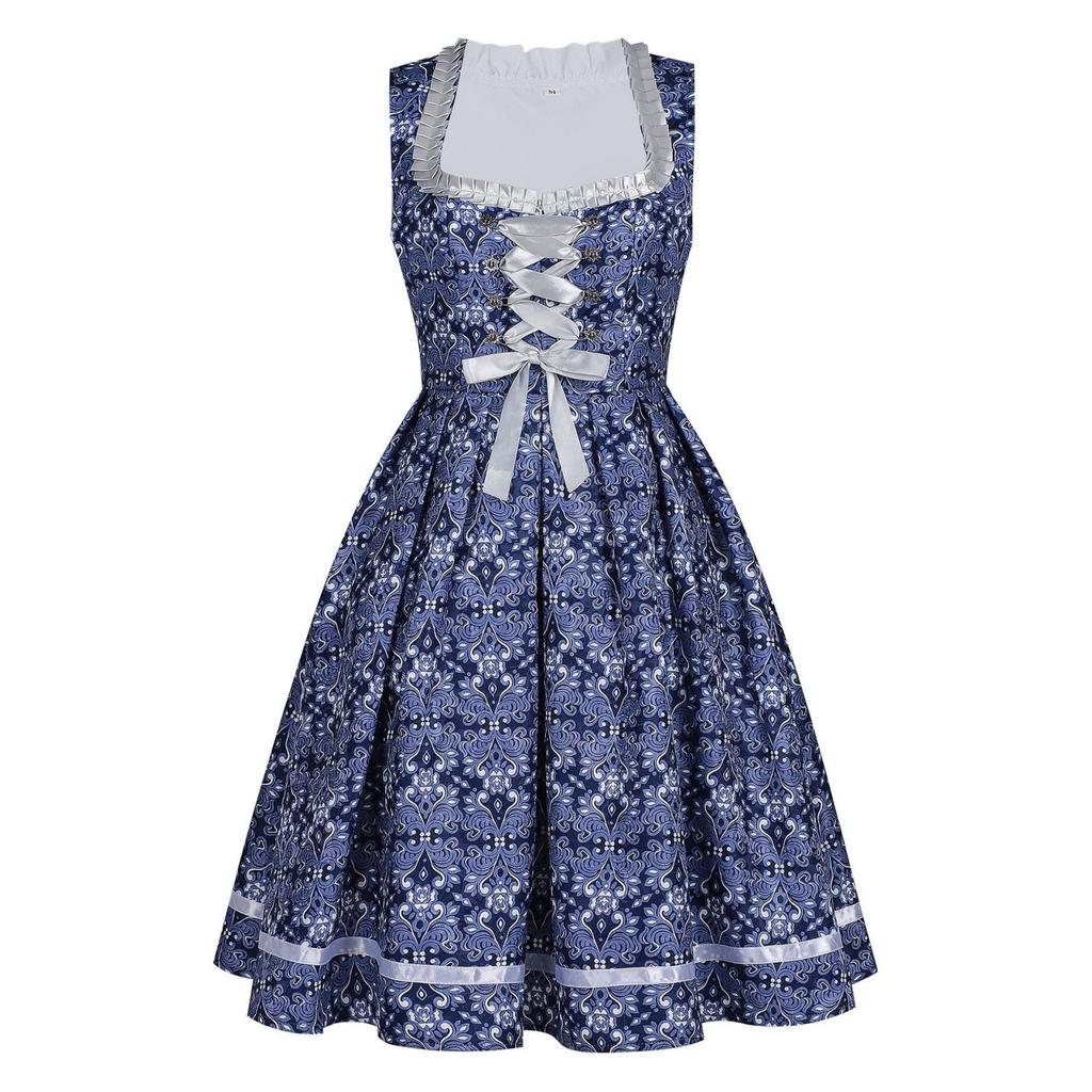 Women’s Vintage Bavarian Lace Up Bodice Dress Sleeveless Retro Style with Decorative Pattern for Festival Wear