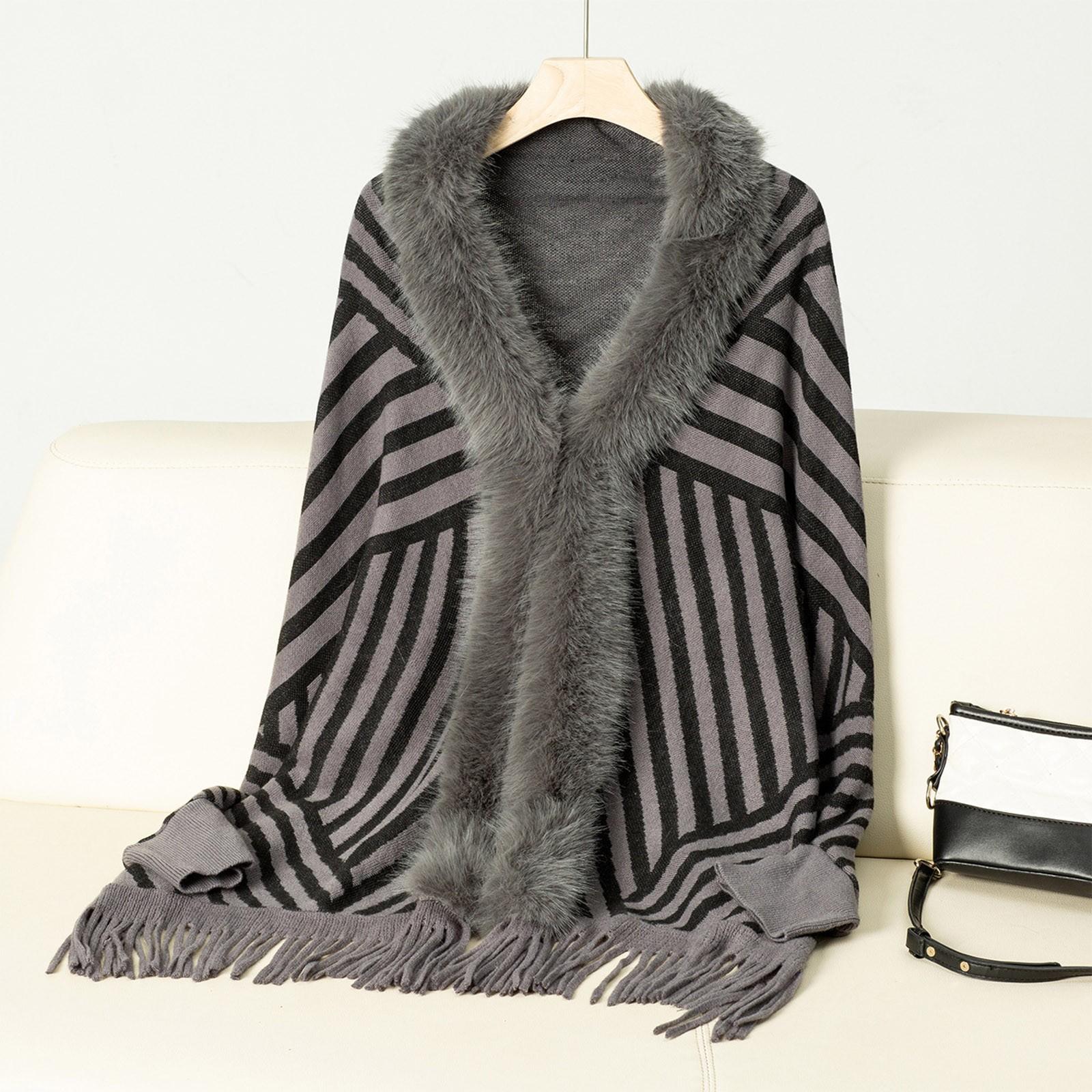 

Women s Fashion Striped Fringe Knitted Shawl Cape Cape All Over The Cape With Scarf Sweater One Size
