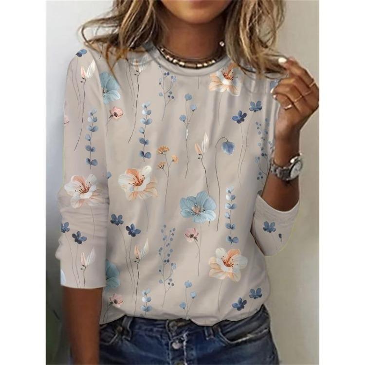 Casual Long Sleeve Women's Floral Print Sweatshirt Spring Fall Clothing Crew Neck