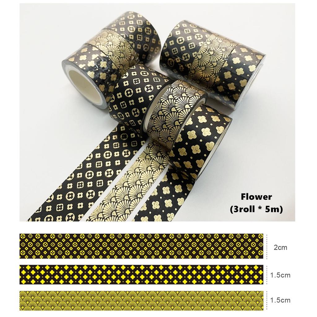 3 stk Gullfolie Washi Tapes Sett Multi Stein Stjerne Blomst Mønster Selvklebende Maskeringstape Dekor Klistremerker Dagbok