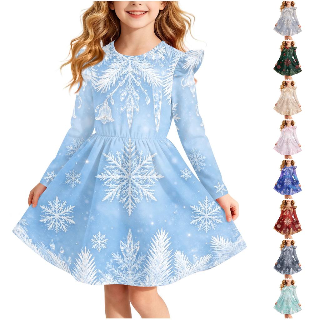 Girls' Christmas Print Long Sleeve Dress with Sleeves for Holiday Party