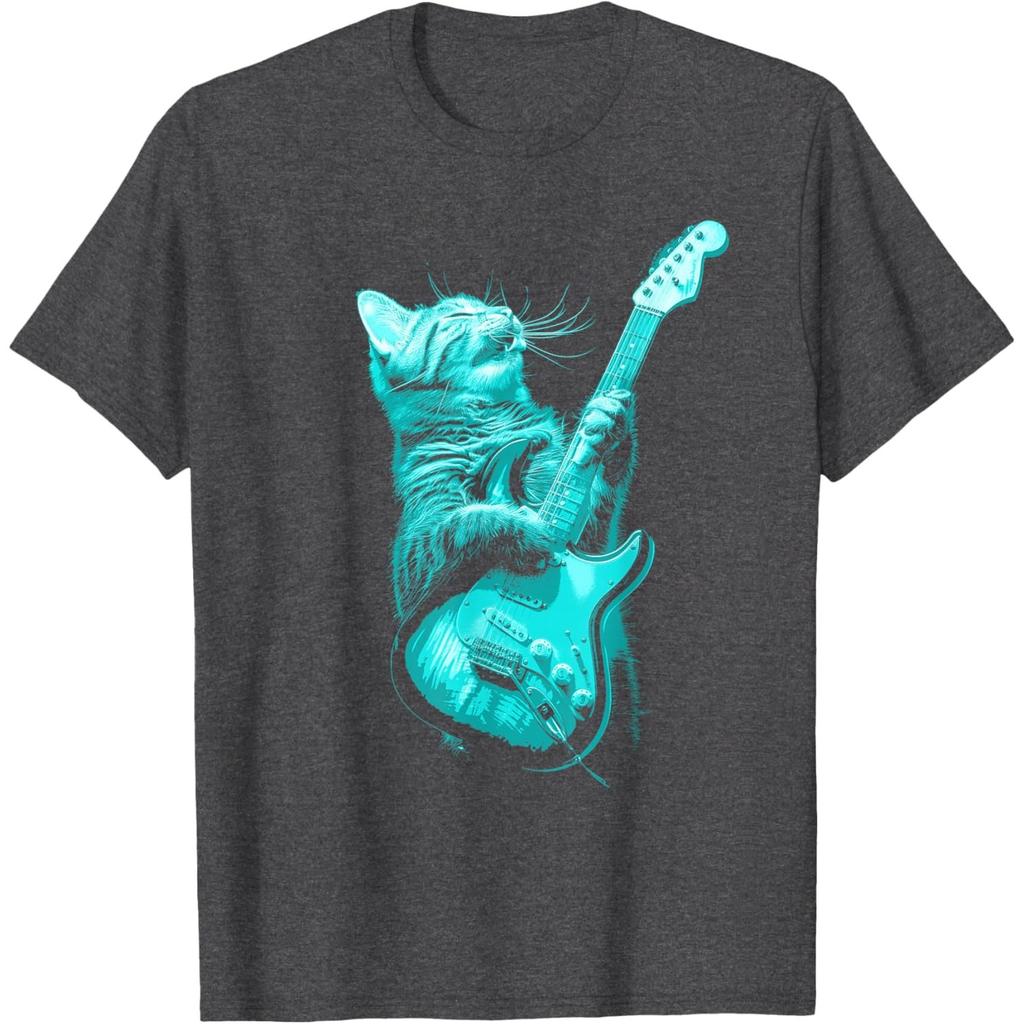 Funny Rock Cat Playing Electric Guitar Graphic Print Men's Cotton Casual T-Shirt