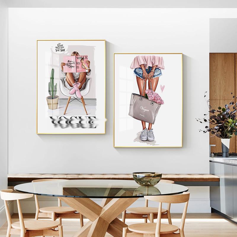 Pink Fashion Girl Flower Print Perfume Women Luxury Books Decorative Paintings Canvas Wall Art Pictures Nordic Room Decorations