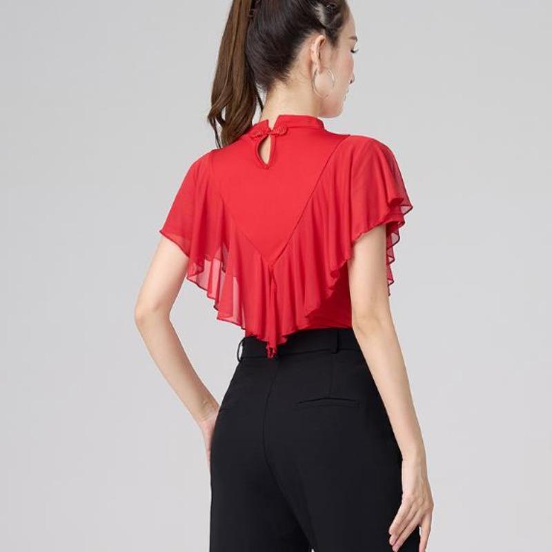 Women Summer Party Dress Latin Dance Flounce Neck Adult Practice Long Sleeve Performance Costume