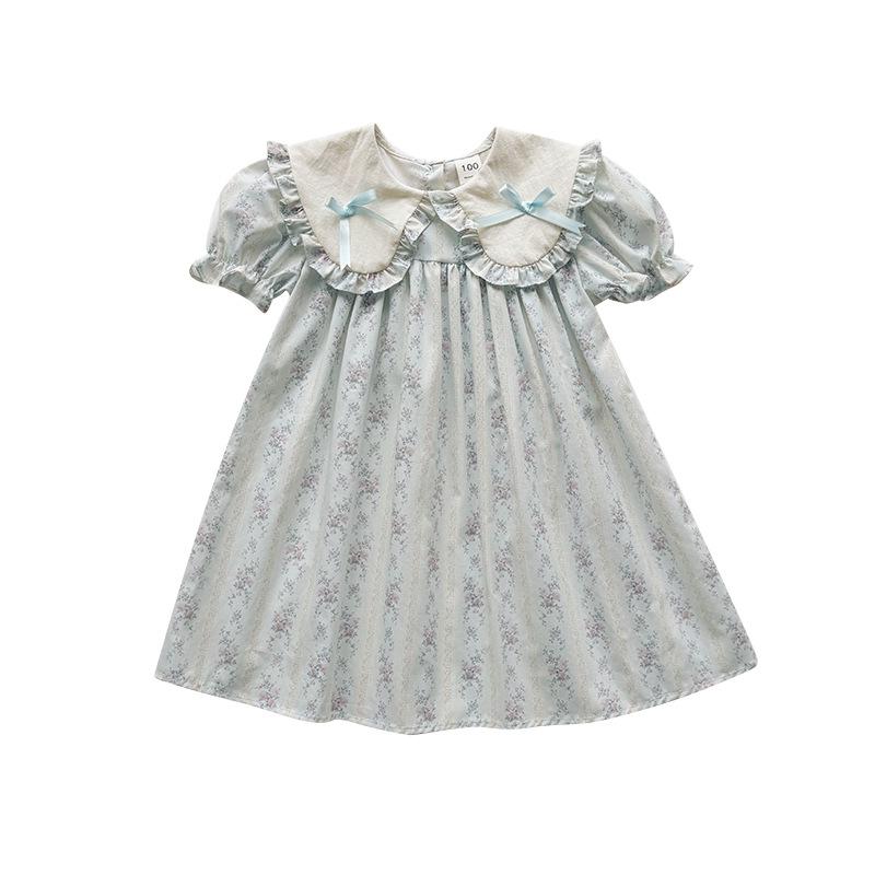 2026 Summer Doll Collar Color Block Girls' Dress – French Print Short Sleeve Princess Korean Style