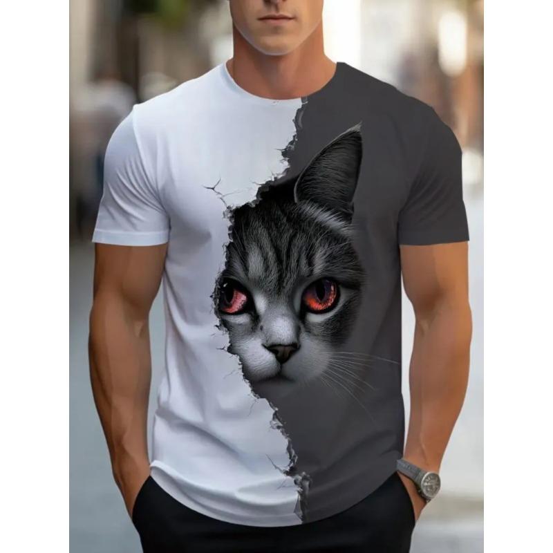 Summer Men's Cat 3D Printed Crew Neck T-Shirt Fashion Versatile