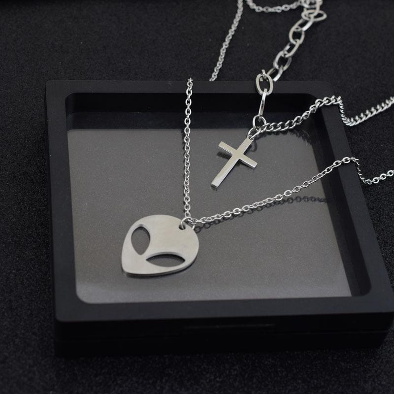 1pcs Alien Pendant Stainless Steel Necklace For Men Women Jewelry Cross Charm Asymmetry Chain Necklace Punk Accessories Choker
