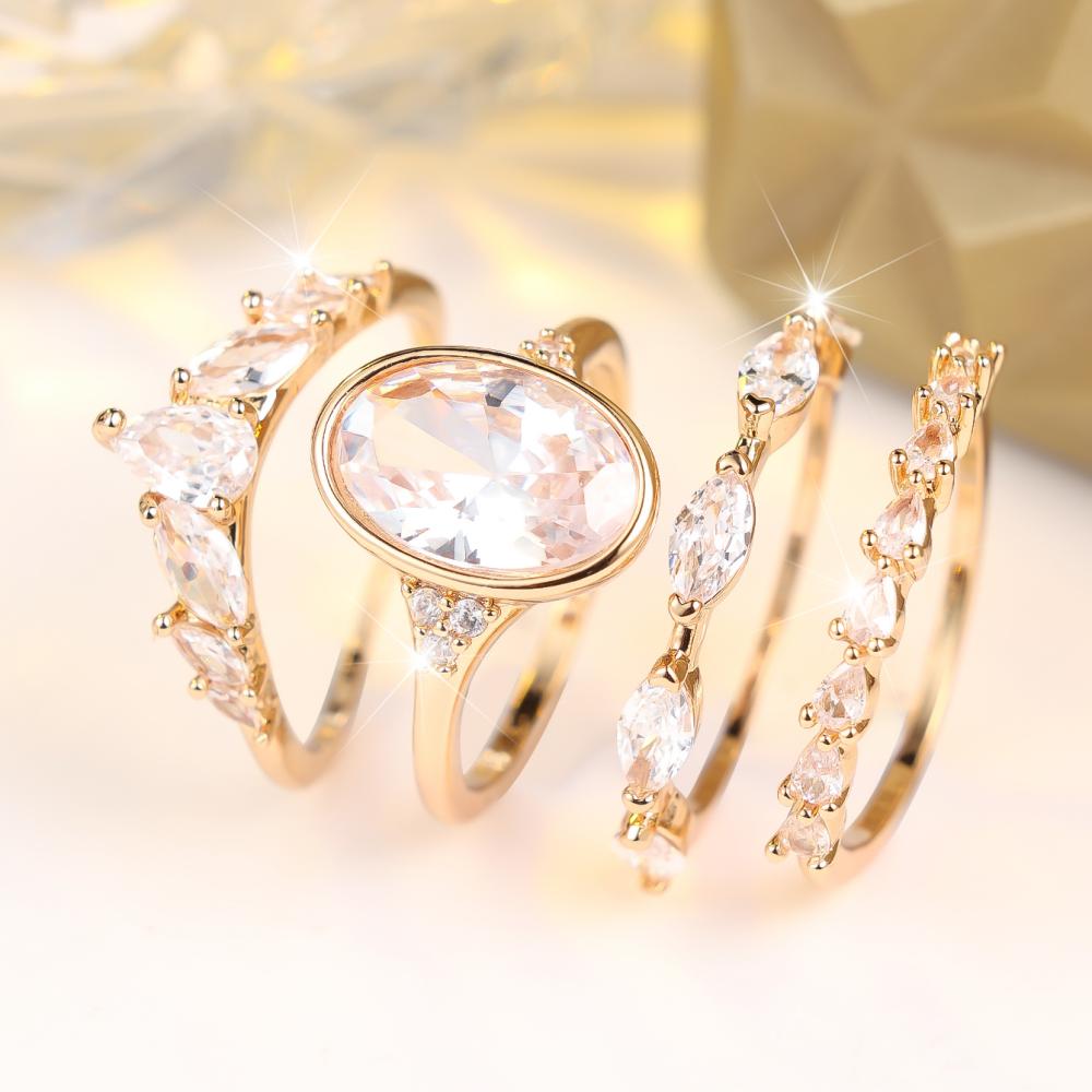 Exquisite Four Pieces Oval Zircon Ring Set for Women Fashion Jewelry Gift