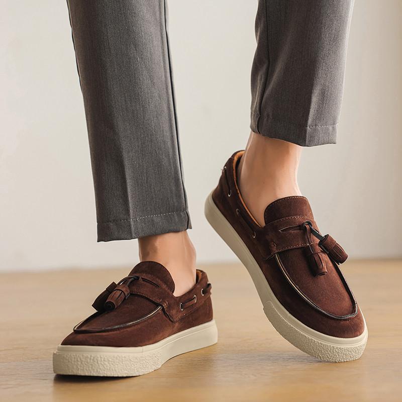 Brand Khaki Suede Men's Loafers Tassel Fashion Leather Casual Shoes For Man Autumn Lightweight Flats Slip-on Shoes Man Moccasins