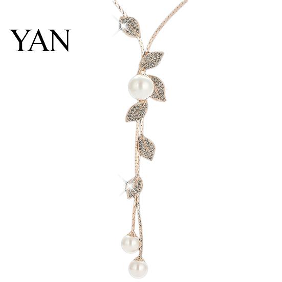 Exquisite Necklace Faux Pearl Tassel Leaves Pendant Accessories Sweater Chain Jewelry Gift for Women