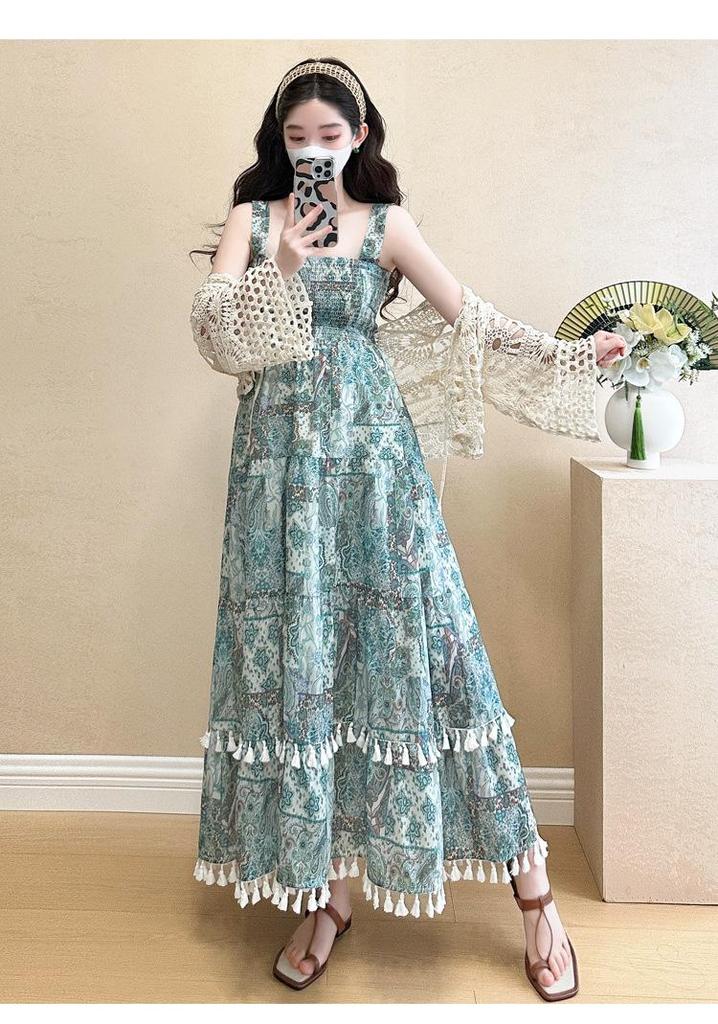 Knit Hollow Cardigan Maternity Set: Slimming Long Dress Two-Piece for Summer 2026, Age-Reducing Holiday Style