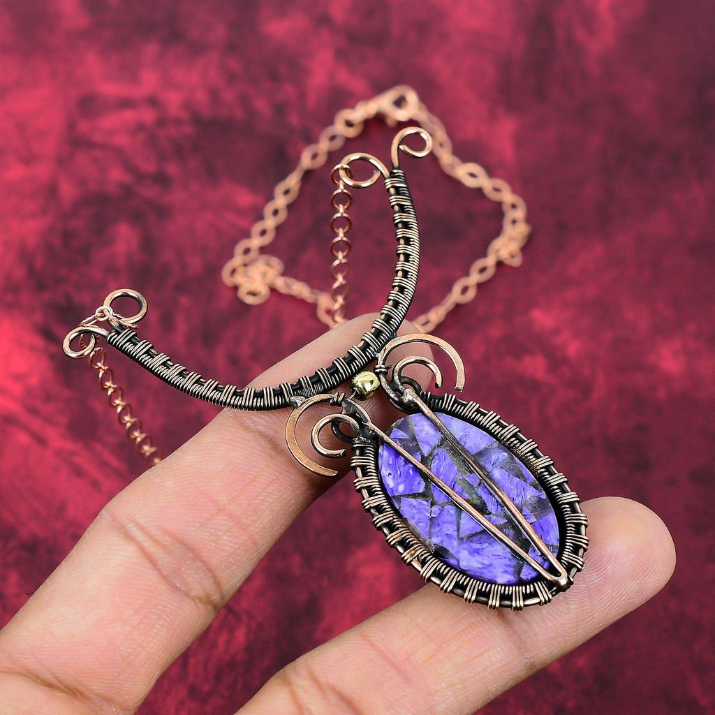 Copper Charoite Necklace Copper Wire Wrapped Necklace Adjustable Chain Necklace Handmade Copper Jewelry Gifts For Mom Latest Design Necklace