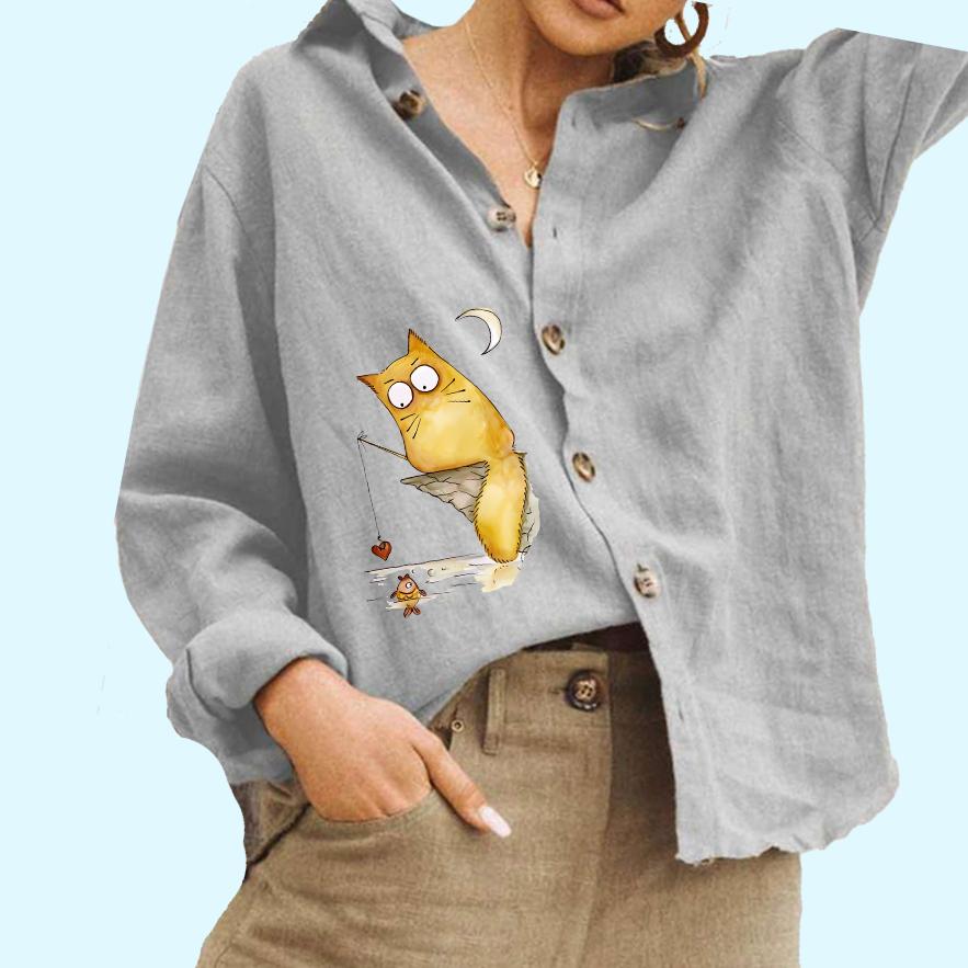 Women Fashion Lapel Neck Blouse Casual Cotton Linen Top Ladies Print Button Down Shirt