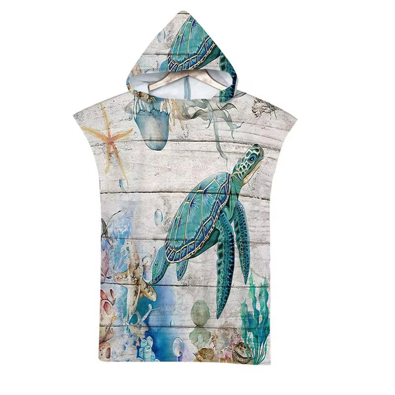 Microfiber Sea Turtle Printing Changing Robe Bath Towel Outdoor Hooded Beach Towel Poncho Women Swimming Diving Bathrobe Cloak