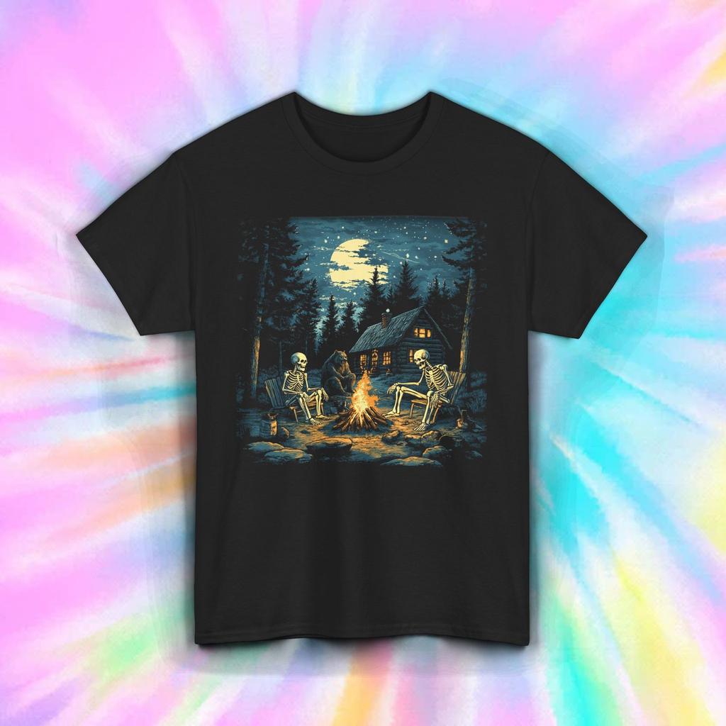 Skeletons Campfire Shirt Spooky Night Cabin Woods Halloween Horror Scene Tee