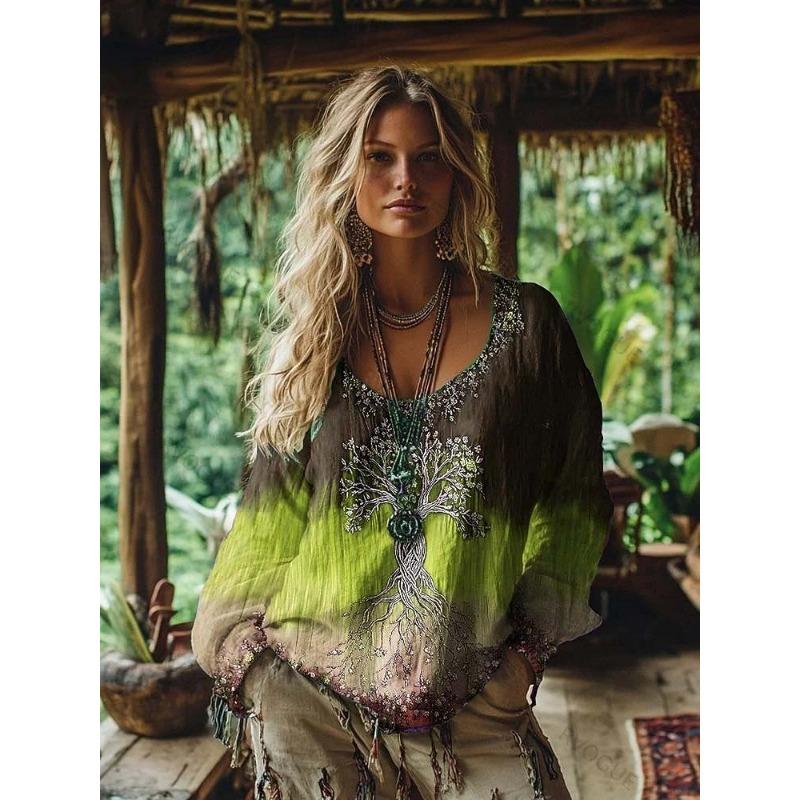 Women's Boho T-shirt Graphic Geometric Elegant Bohemia Vintage Long Sleeve V Neck Regular Tops Daily Weekend