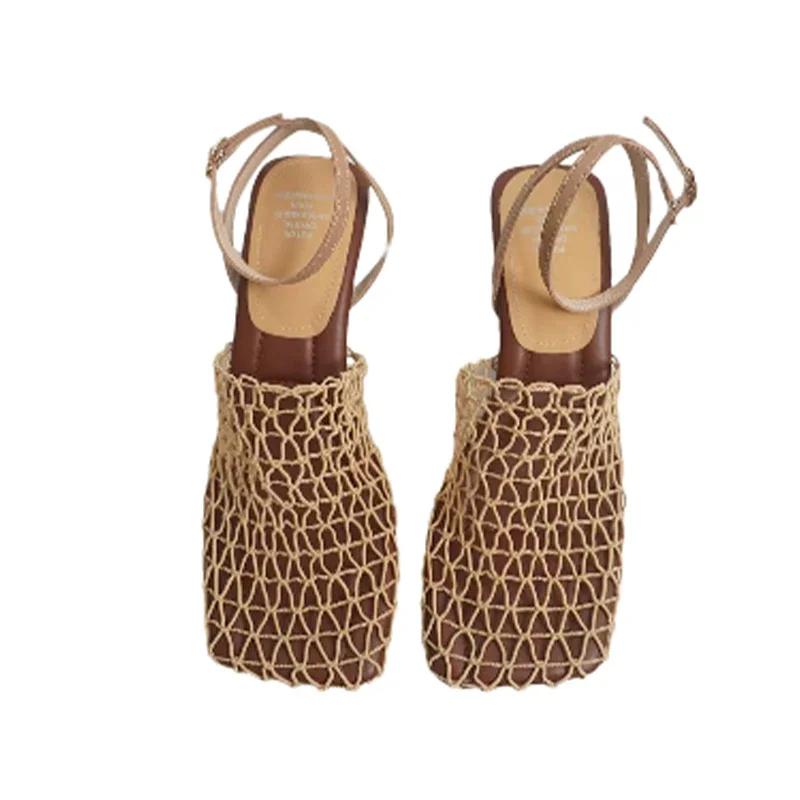 Fashion Designer Mesh Women's Sandals Fashion Square Toe Heeled Shoes Summer Slippers 2025 Elegant Flip Flops Dress Mujer De Sandalias