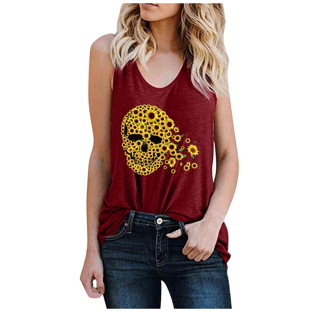 

(SU)Женская мода Повседневная футболка без рукавов с цветочным принтом Майка Жилет