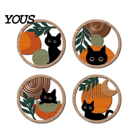 Animal Wall Decoration 4Pcs Black Cat Decor Set, Boho Cartoon Hanging Art, Set Farmhouse Rustic Wooden Plants Sign for Bedroom Living Room