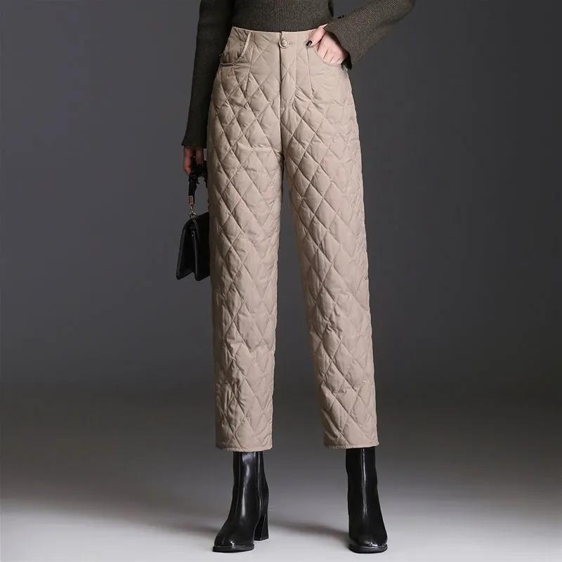 Donzen katoenen broek voor dames Casual warme rechte broek Grote maat Baggy enkellange broek Winddichte gewatteerde broek met hoge taille