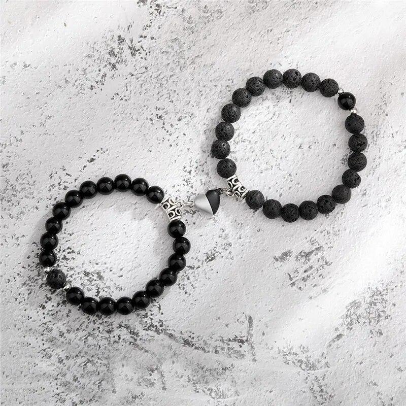 Trendy Couple 2Pcs/Set Natural Stone Beads Love Heart Magnetic Bracelet For Women Men Charm Peach Beaded Bracelets Jewelry Gifts