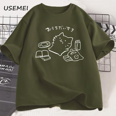 Japanese Style No Plan Cat Print T-shirt for Men Women Funny Cotton Short Sleeve Summer Loose Tshirt Kawaii Kitty Cat Lover Tees