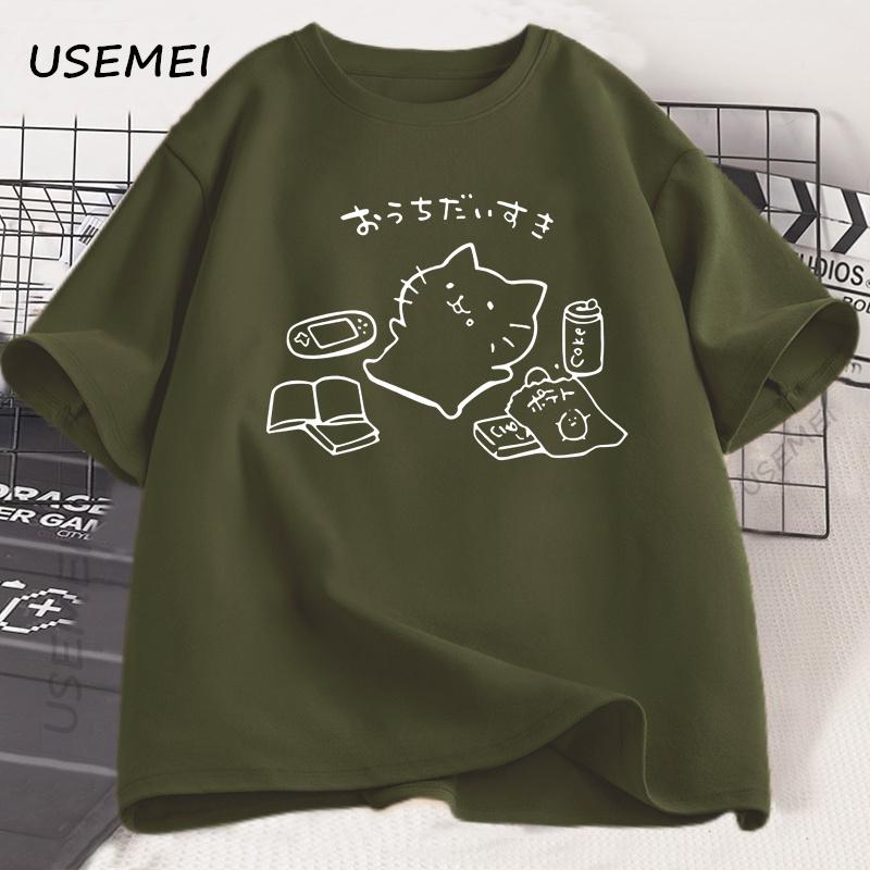 Japanese Style No Plan Cat Print T-shirt for Men Women Funny Cotton Short Sleeve Summer Loose Tshirt Kawaii Kitty Cat Lover Tees