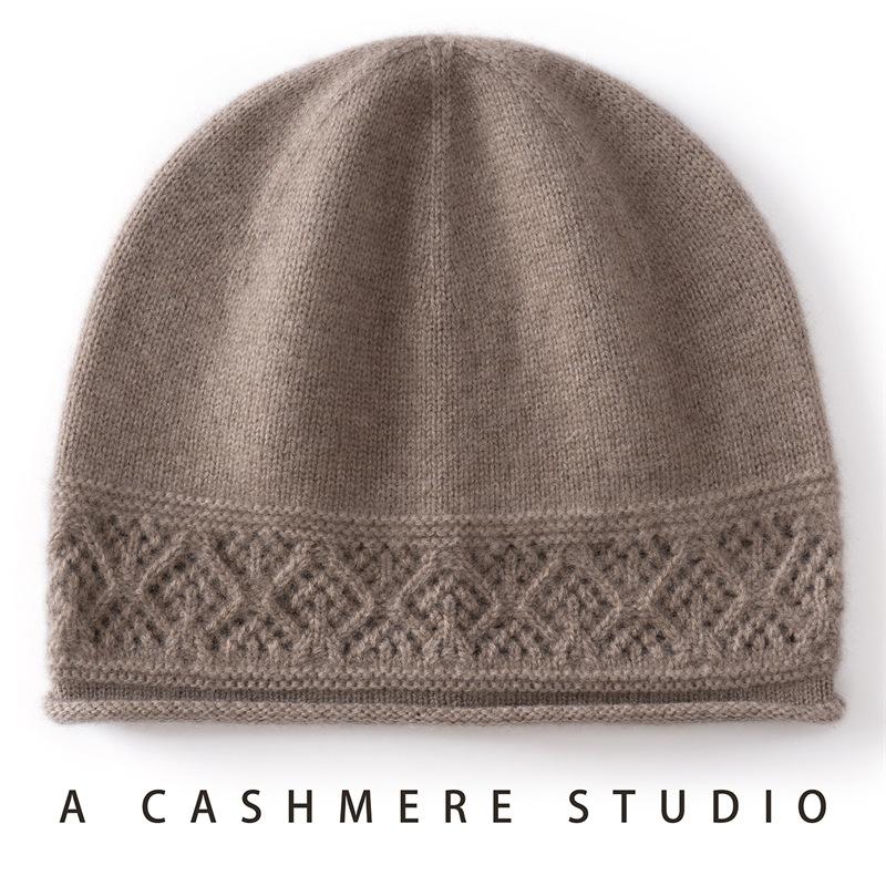New Cashmere Blended Rolled Edge Hollow Warm Knitted Dome Cashmere Cap