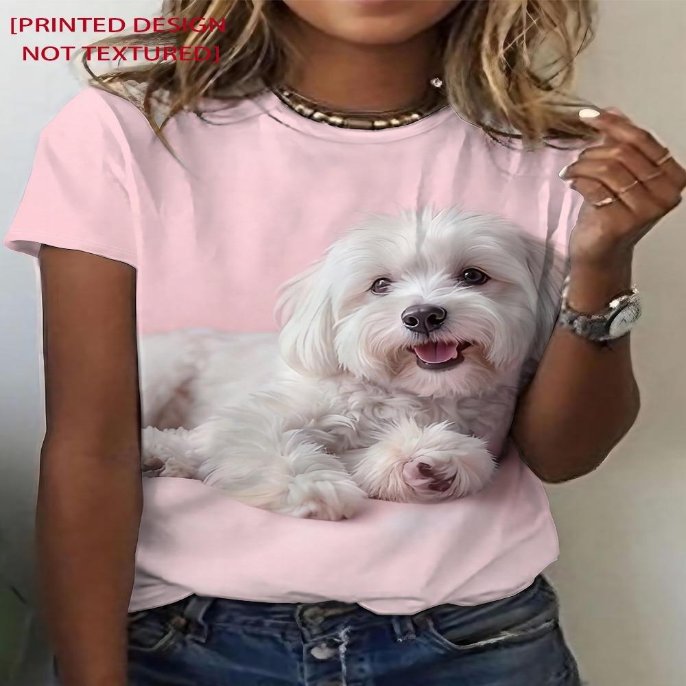Smiling Little White Dog Printed Short Sleeve T-Shirt, Women'S Fashion Top, Women'S Summer Round Neck T-Shirt