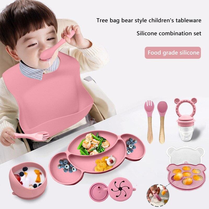 Momcbebe Baby Feeding Set 10-Piece Silicone Suction Bowl Sippy Cup Bib Spoon Fork BPA Free Soft Durable Easy Clean Pink