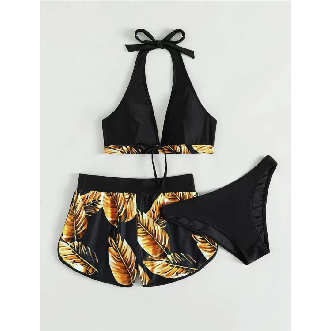 

мода S - XL с пляжными шортами, напечатанный бикини, женский купальник, женский купальник, комплект бикини из трех частей, купальный костюм, плавание S жёлтый