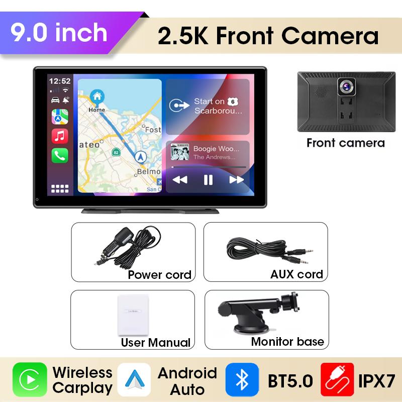 Srnubi 2.5K 9 inch Dash Cam Car DVR Wireless Carplay&Android Auto GPS Navigation Video Recorder Dashboard Dual Lens Wifi FM AUX